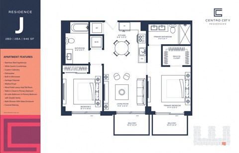 A floor plan for a residence with a living room, two bedrooms, a bathroom, and a kitchen.
